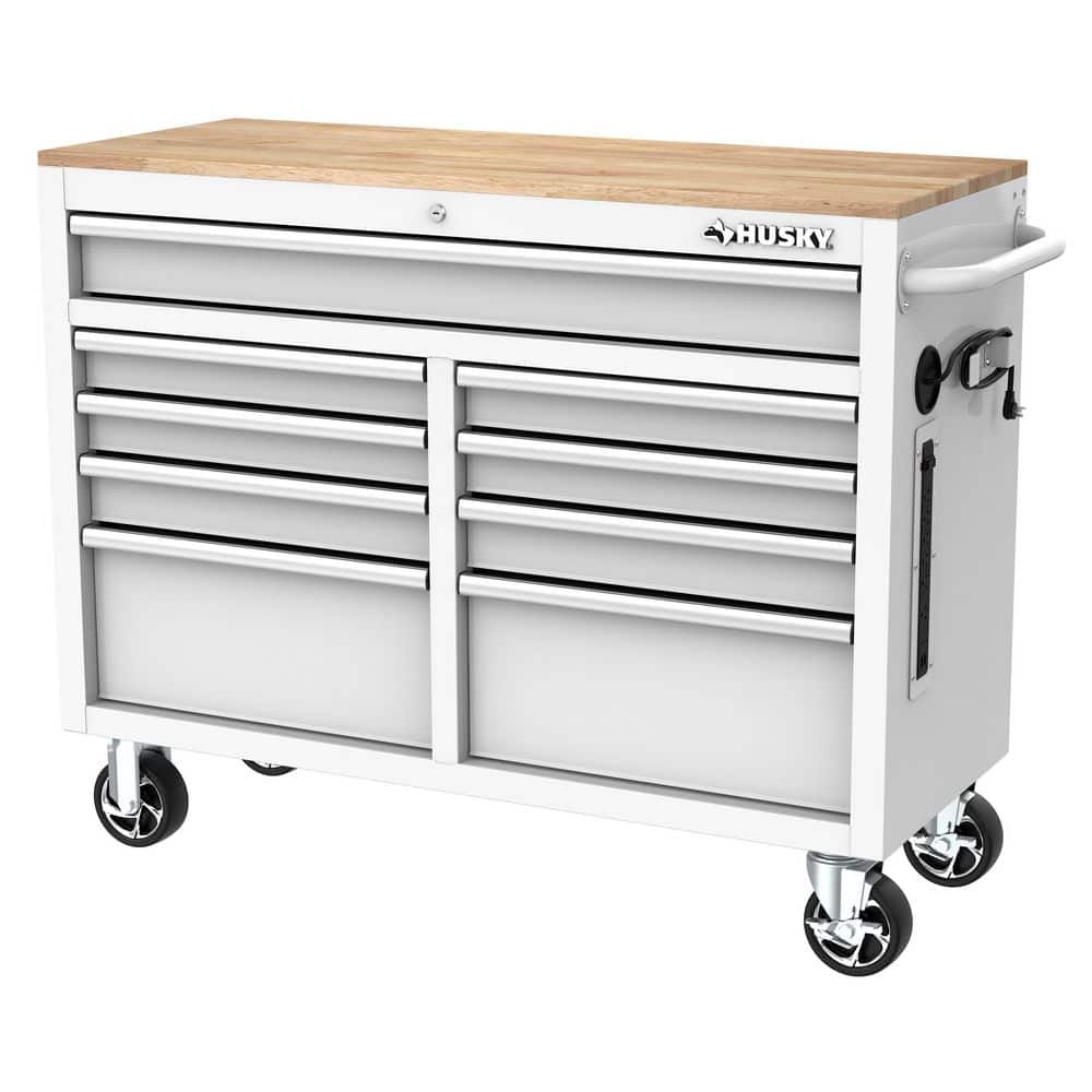 46 in. W x 18 in. D 9 Drawer Gloss White Mobile Workbench Cabinet with Solid Wood Top