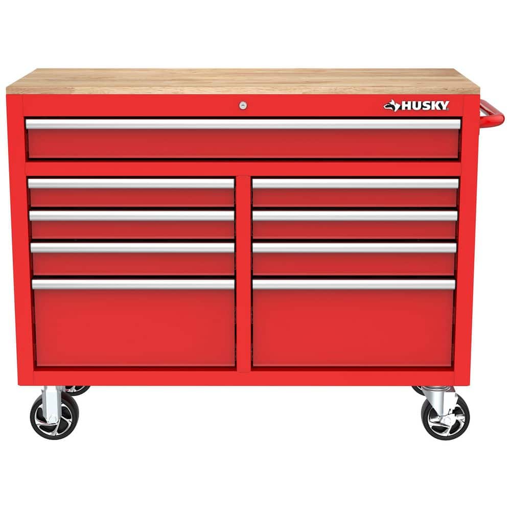 46 in. W x 18 in. D 9 Drawer Gloss Red Mobile Workbench Cabinet with Solid Wood Top