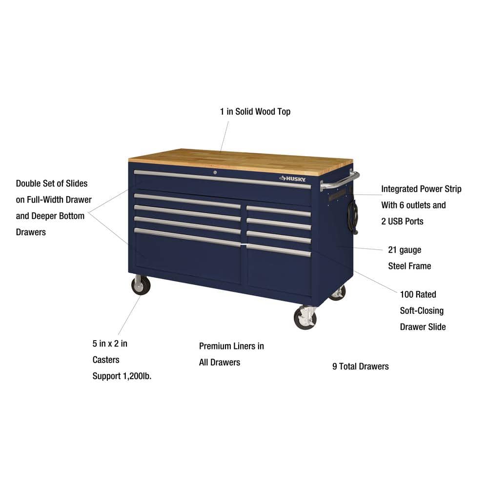 52 in. W x 24 5 in. D 9 Drawer Standard Duty Mobile Workbench with Solid Work Top and Pegboard in. Gloss Blue