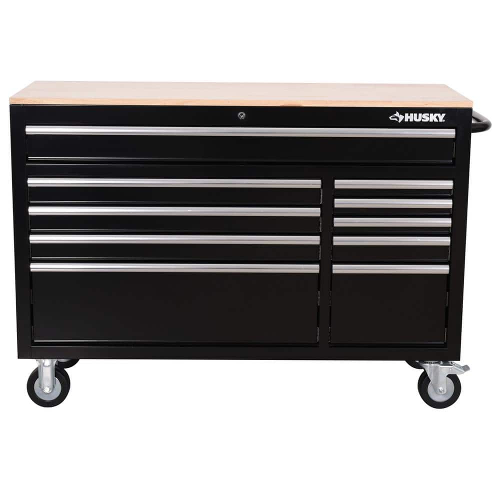 Modular 52 in. W 10 Drawer Black Mobile Workbench Cabinet with Solid Wood Top