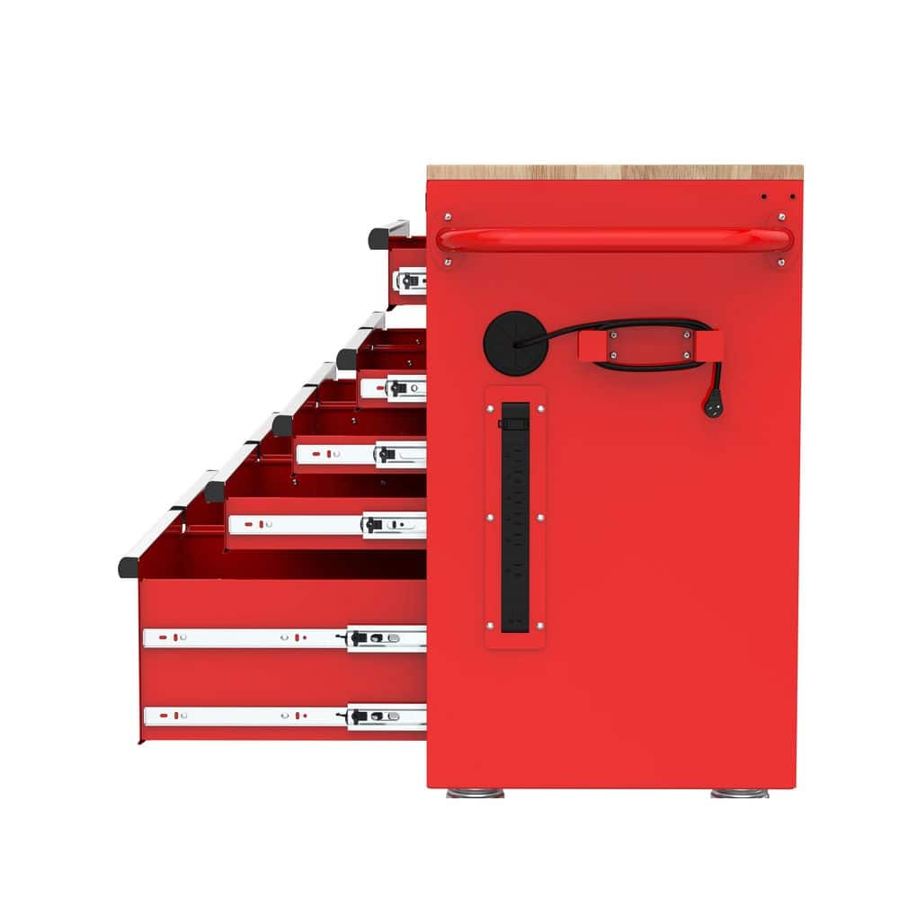 46 in. W x 18 in. D 9 Drawer Gloss Red Mobile Workbench Cabinet with Solid Wood Top