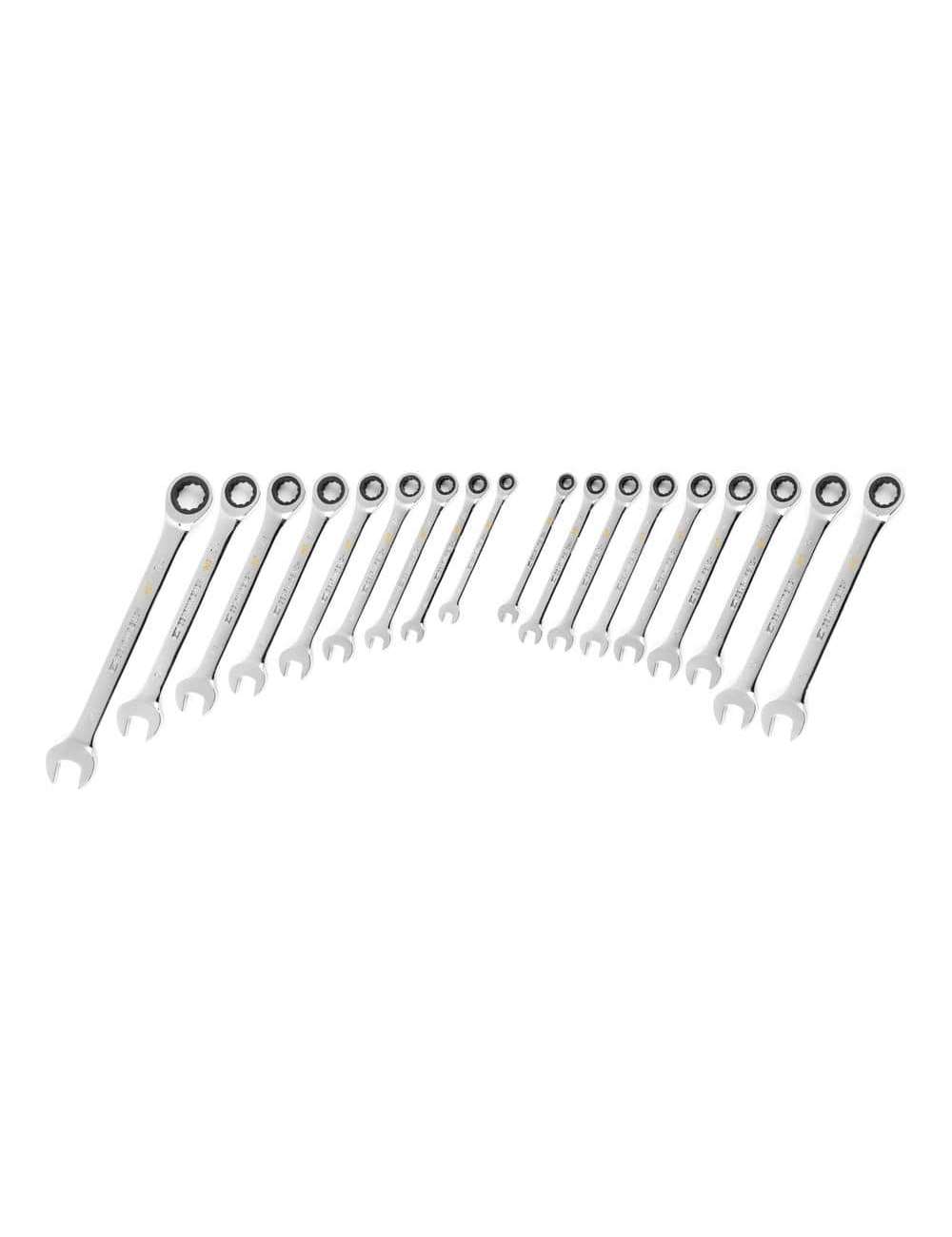SAE/MM 90-Tooth Pro Combination Ratcheting Wrench Tool Set with Tray (18-Piece)