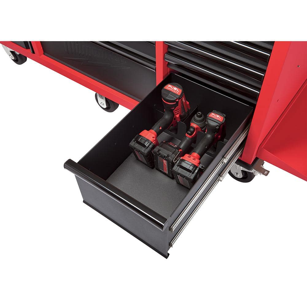 61 in. 11 Drawer 1 Door 22 in. D Mobile Workbench with Sliding Pegboard Back Wall in. Red Black