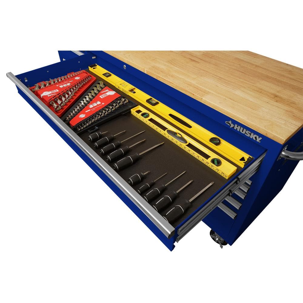 72 in. W x 24 in. D 18 Drawer Standard Duty Mobile Workbench Tool Chest with Solid Wood Top and Pegboard in. Gloss Blue