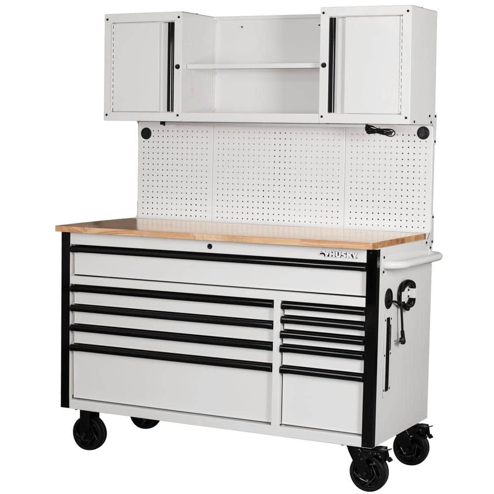 56 in. W x 27 6 in. D 10 Drawer Matte Black Heavy Duty Mobile Workbench with Pegboard and Top Cabinets