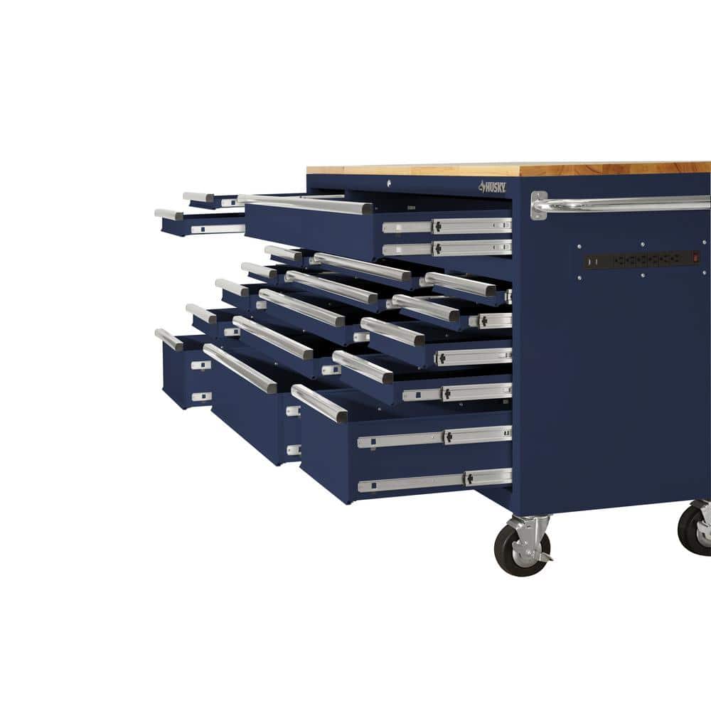 72 in. W x 24 in. D 18 Drawer Standard Duty Mobile Workbench Tool Chest with Solid Wood Top and Pegboard in. Gloss Blue