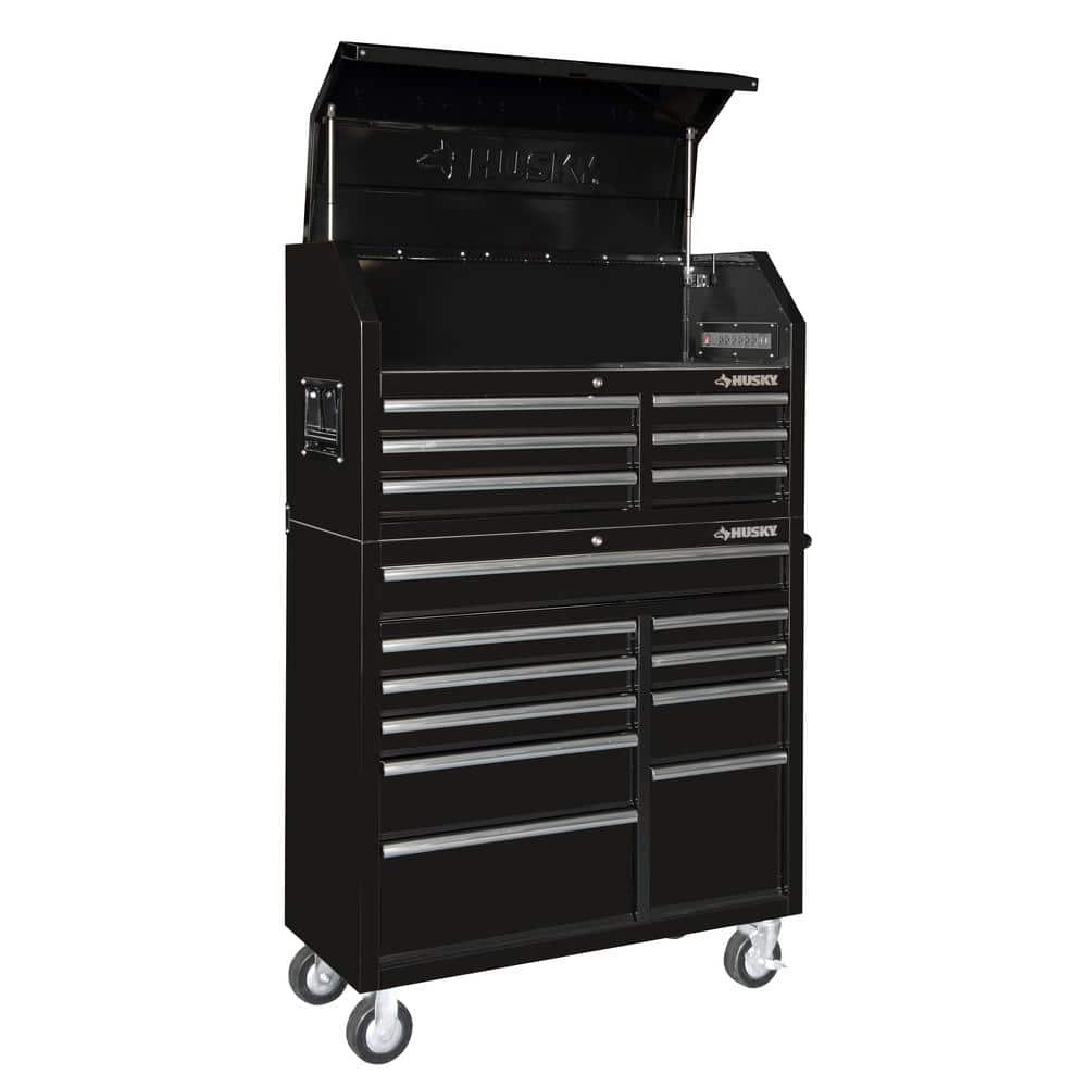 41 in. W x 24 5 in. D Standard Duty 16 Drawer Combination Rolling Tool Chest and Top Tool Cabinet Set in. Gloss Black