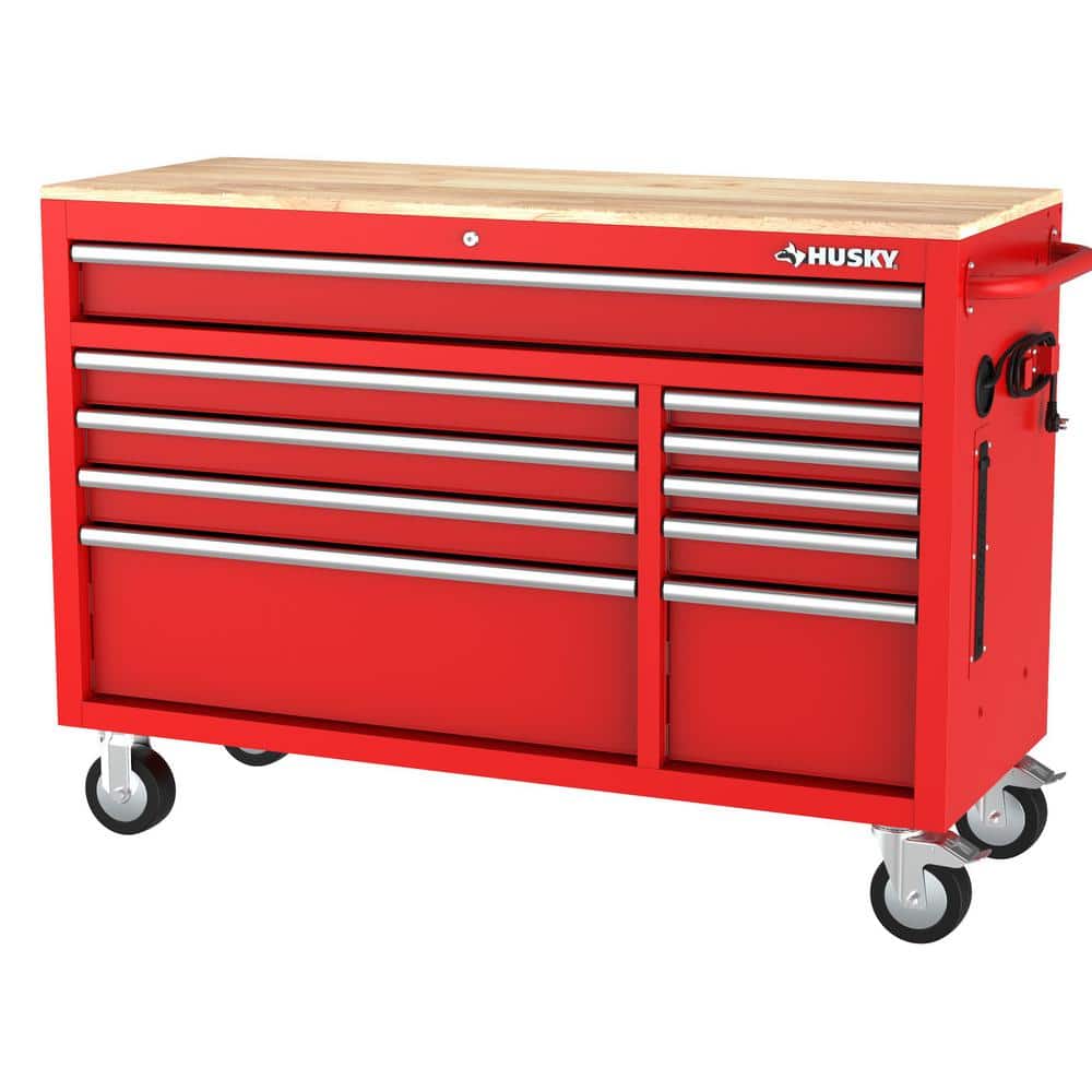 Modular 52 in. W 10 Drawer Red Mobile Workbench Cabinet with Pegboard