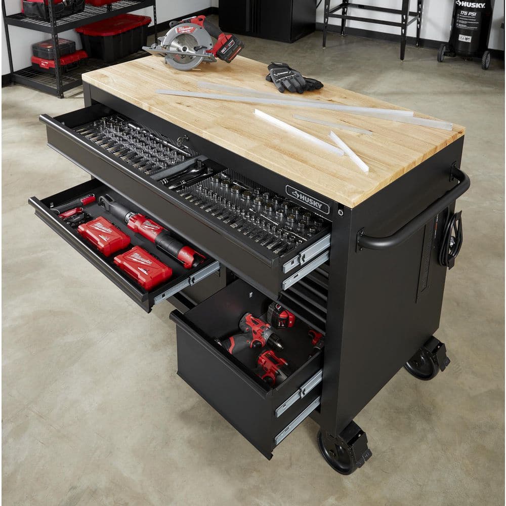 52 in. W x 25 in. D Heavy Duty 9 Drawer Mobile Workbench Cabinet with Adjustable Height Hardwood Top in. Matte Black