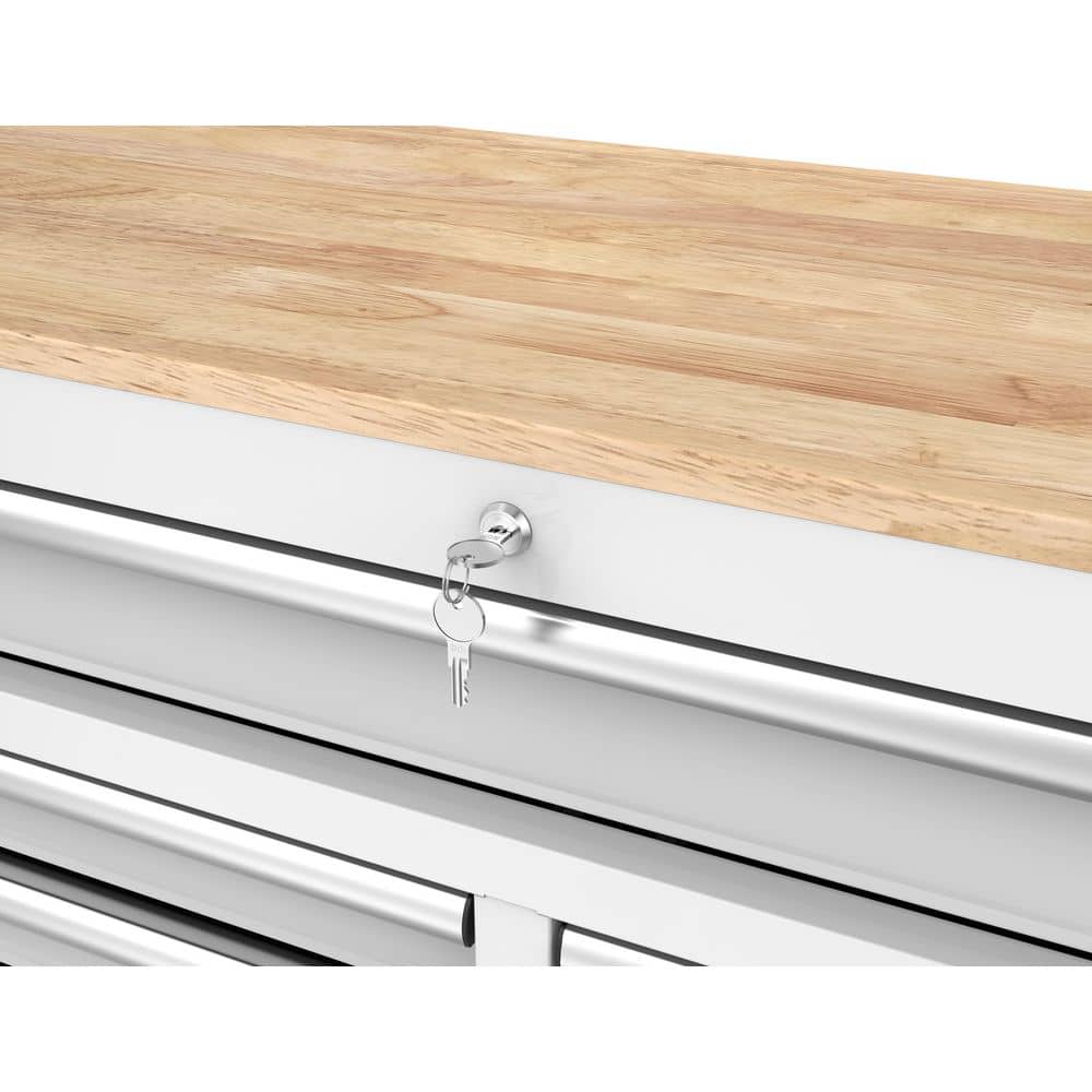 46 in. W x 18 in. D 9 Drawer Gloss White Mobile Workbench Cabinet with Solid Wood Top