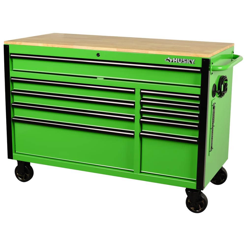52 in. W x 24 5 in. D Standard Duty 10 Drawer Mobile Workbench Tool Chest with Solid Wood Work Top in. Gloss Orange