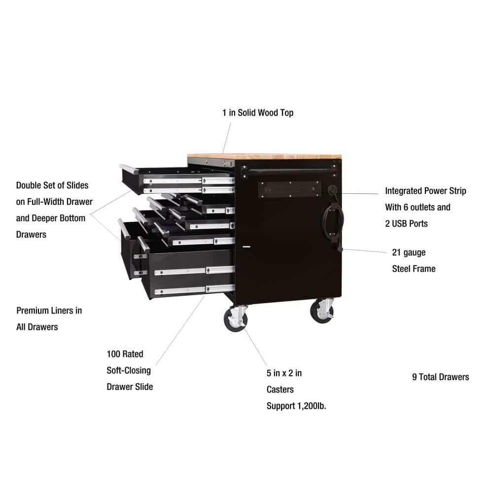 52 in. W x 25 in. D Standard Duty 9 Drawer Mobile Workbench Tool Chest with Solid Wood Top in. Gloss Black