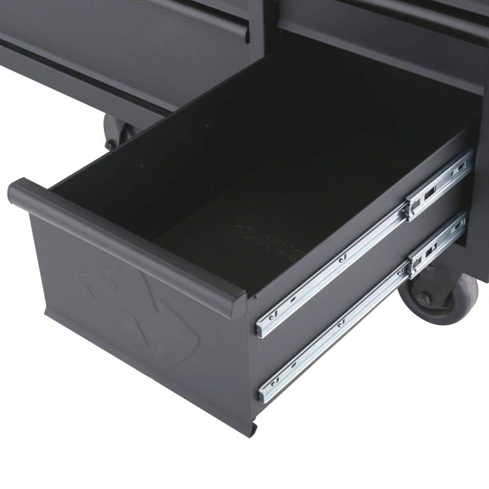 61 in. W x 26 in. D Heavy Duty 10 Drawer 1 Door Mobile Workbench with Hardwood Top Pegboard and Shelf in. Matte Black