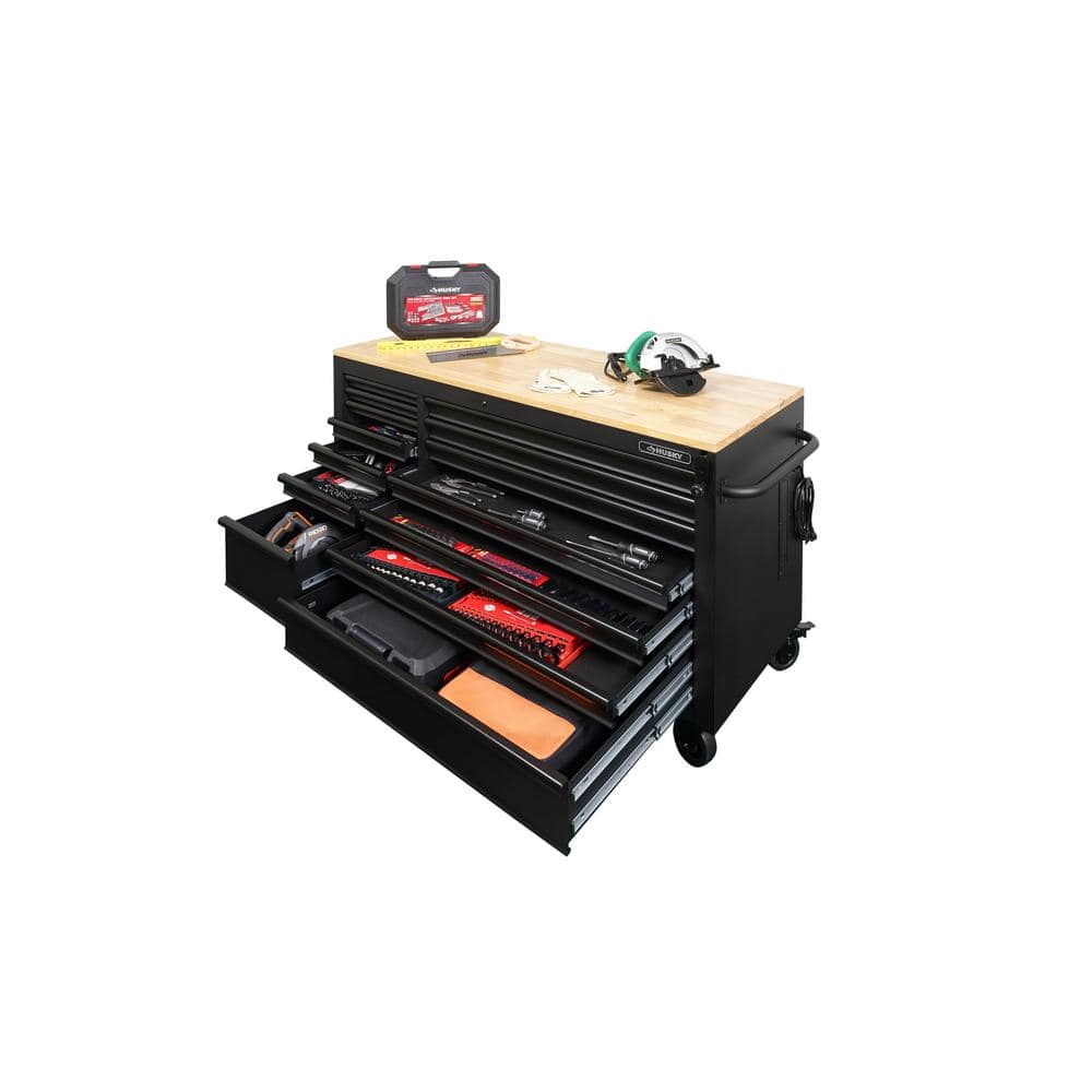 62 in. W x 24 in. D Heavy Duty 14 Drawer Mobile Workbench Cabinet with Adjustable Height Wood Top in. Matte Black