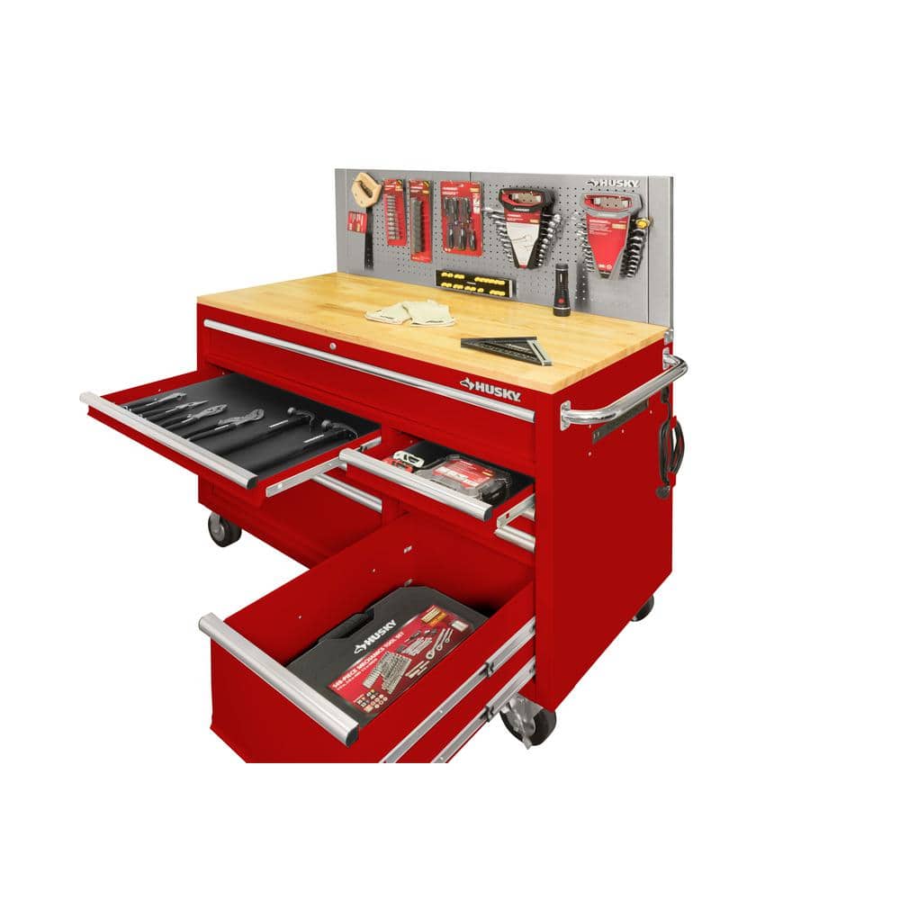 52 in. W x 24 5 in. D 9 Drawer Standard Duty Mobile Workbench Tool Chest with Solid Work Top and Pegboard in. Gloss Red