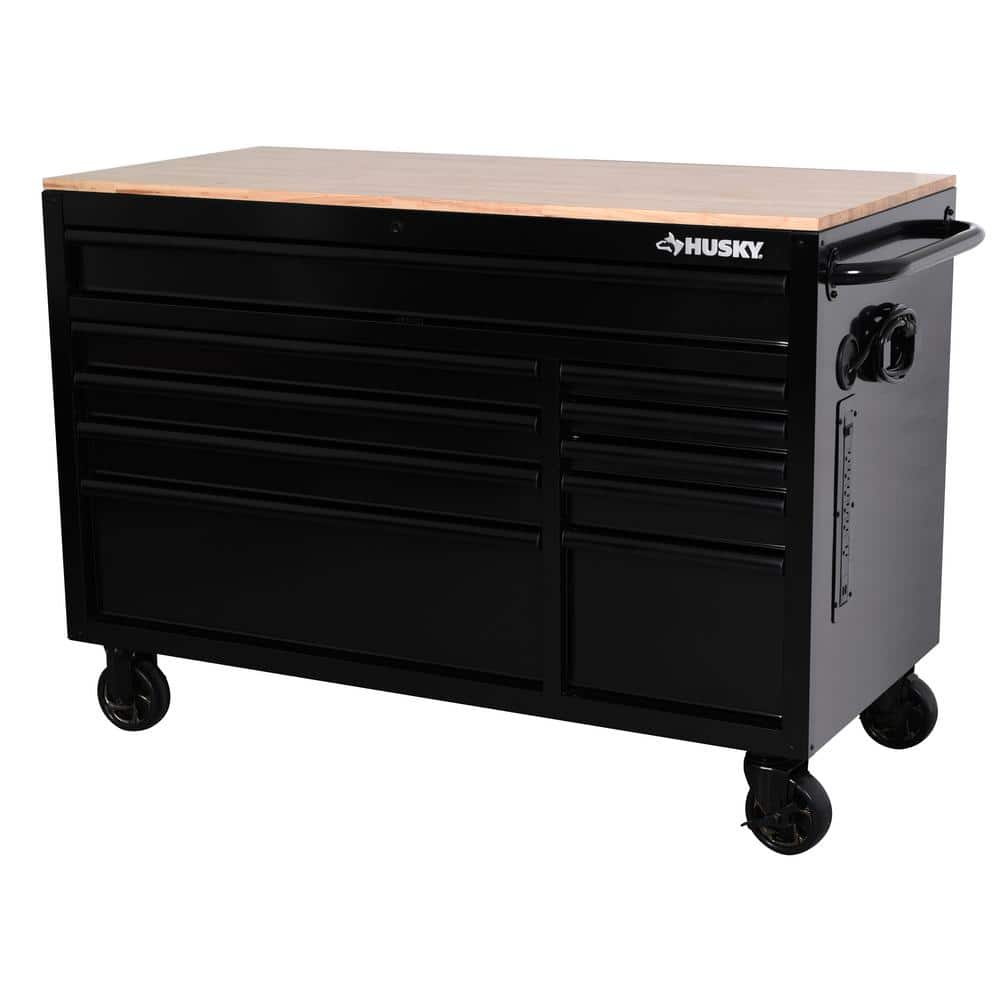 52 in. W x 24 5 in. D Standard 10 Drawer Mobile Workbench Tool Chest with Solid Wood Top in. Gloss Black