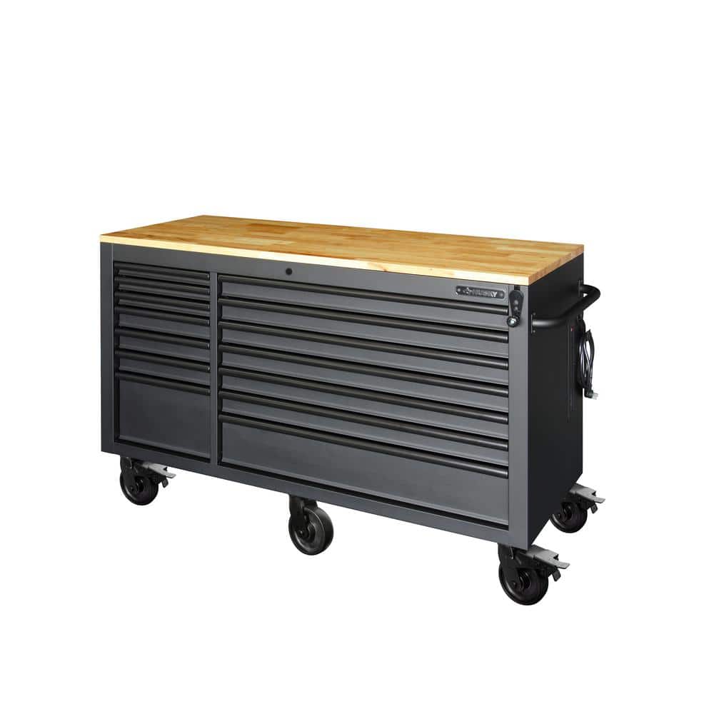 62 in. W x 24 in. D Heavy Duty 14 Drawer Mobile Workbench Cabinet with Adjustable Height Wood Top in. Matte Black