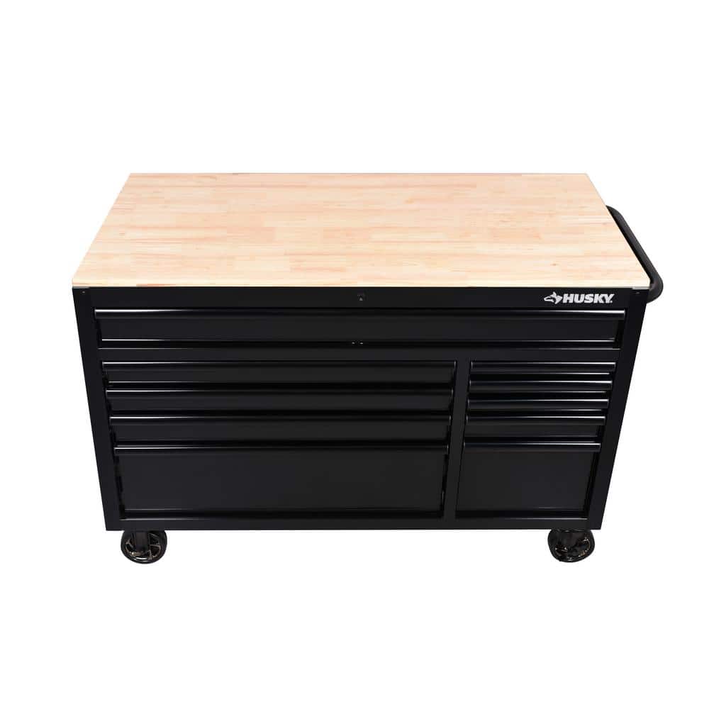 52 in. W x 24 5 in. D Standard 10 Drawer Mobile Workbench Tool Chest with Solid Wood Top in. Gloss Black