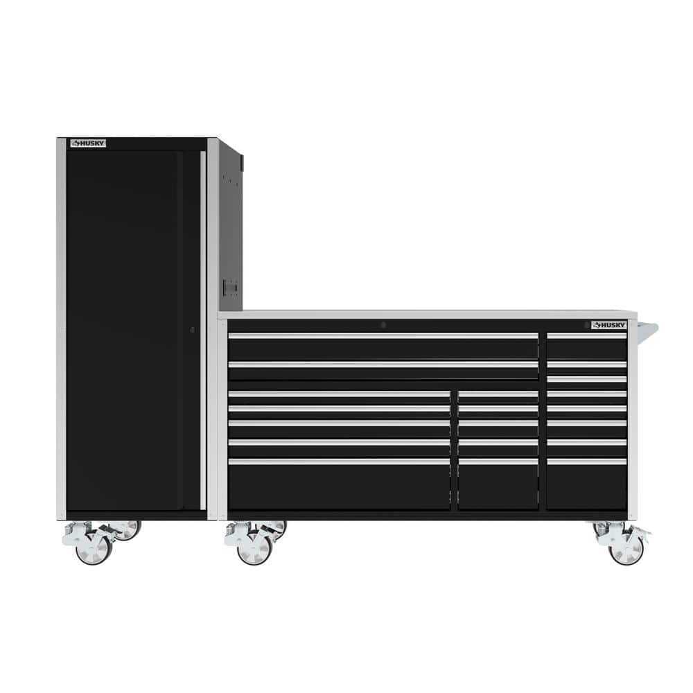 72 in. W x 24 6 in. D Professional Duty 20 Drawer Mobile Workbench Tool Storage Combo with Side Locker in. Gloss Black