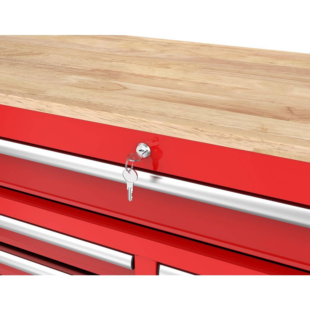 46 in. W x 18 in. D 9 Drawer Gloss Red Mobile Workbench Cabinet with Solid Wood Top