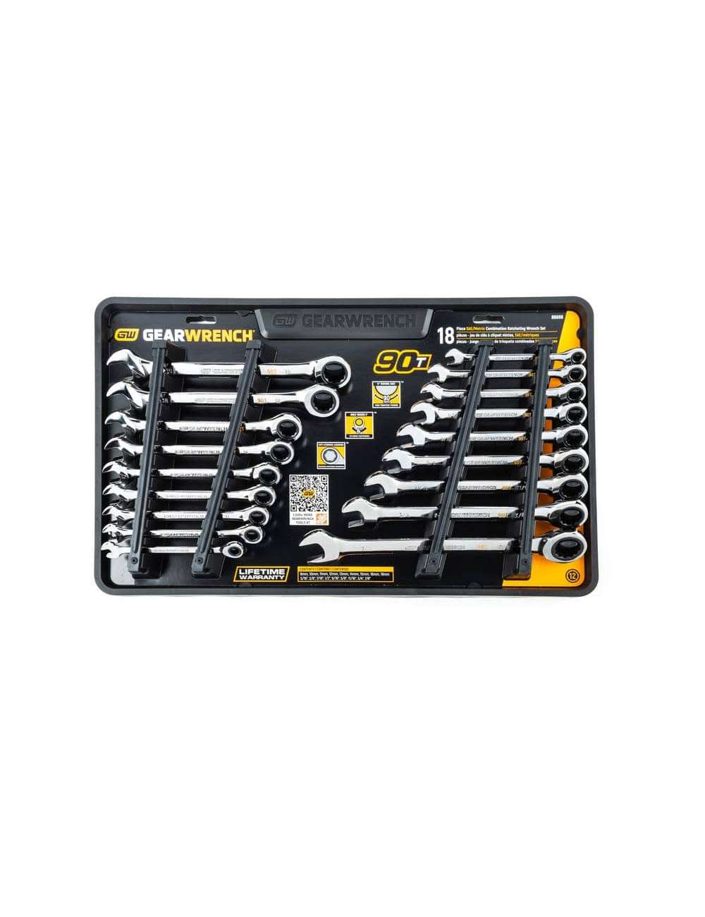 SAE/MM 90-Tooth Pro Combination Ratcheting Wrench Tool Set with Tray (18-Piece)
