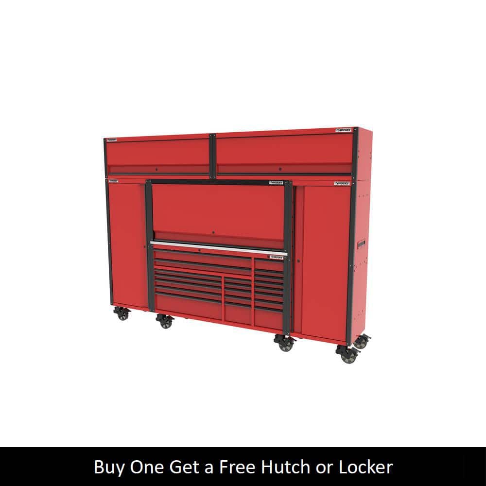 72 in. W x 24 5 in. D Professional Duty 20 Drawer Mobile Workbench Combo w 2 Side Lockers 2 Top Lockers and Top Hutch