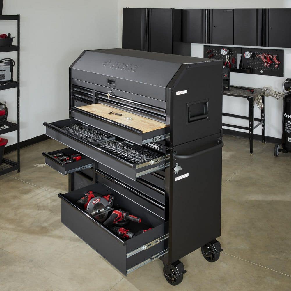 52 in. W x 21 5 in. D Heavy Duty 15 Drawer Combination Rolling Tool Chest Top Tool Cabinet with LED Light in. Matte Black