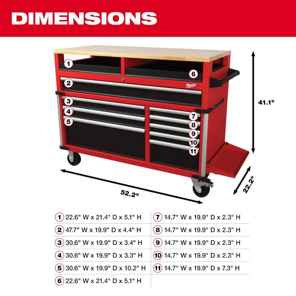High Capacity 52 in. 11 Drawer Tool Chest Mobile Workbench Cabinet Clamp Ready Wood Top