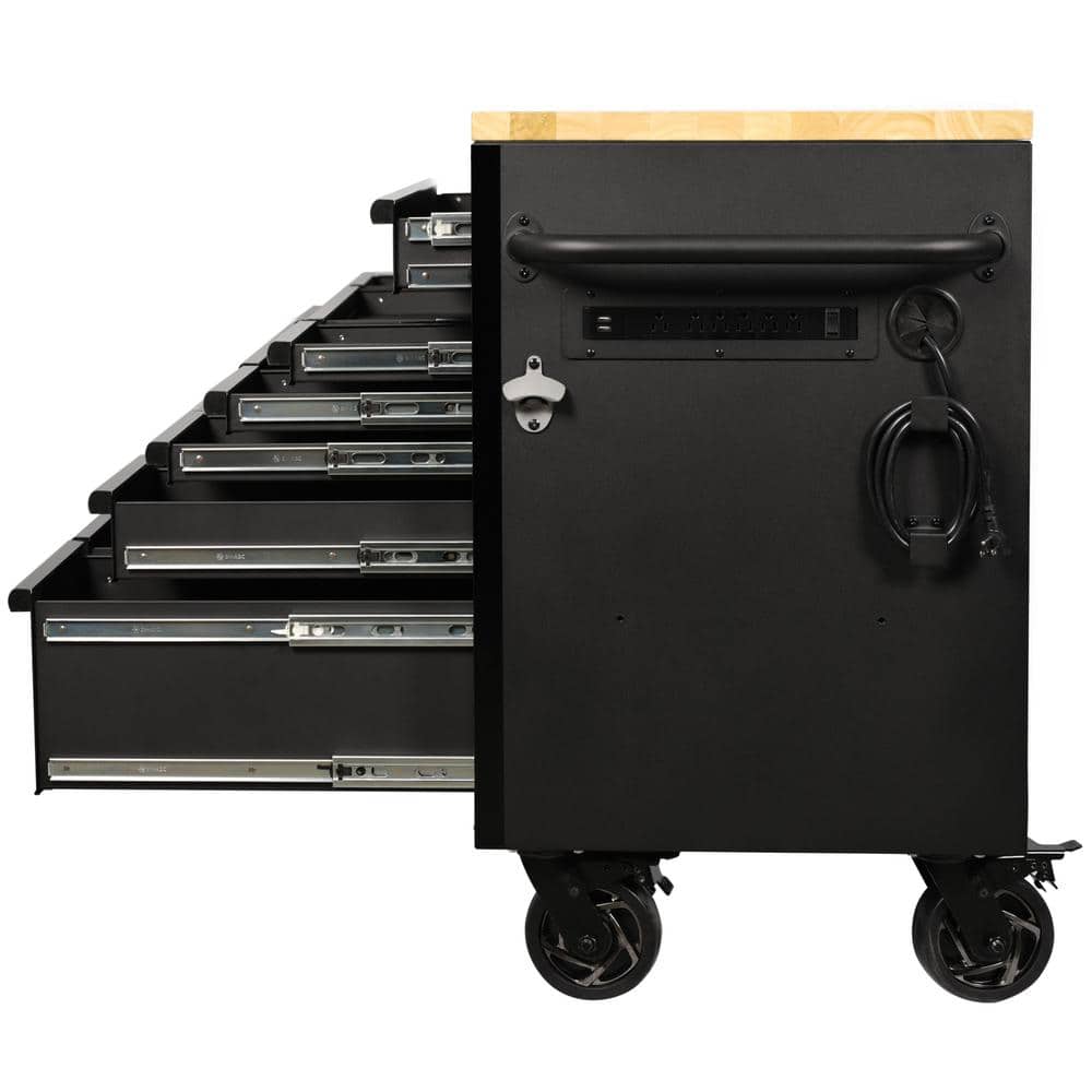 61 in. W x 23 in. D Heavy Duty 15 Drawer Mobile Workbench Tool Chest with Solid Wood Top in. Matte Black