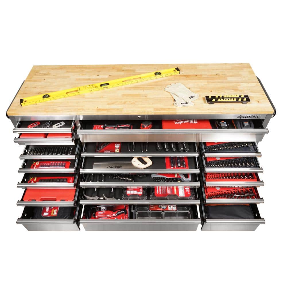 72 in. x 24 in. D Standard Duty 18 Drawer Mobile Workbench Tool Chest with Solid Wood Top in. Stainless Steel