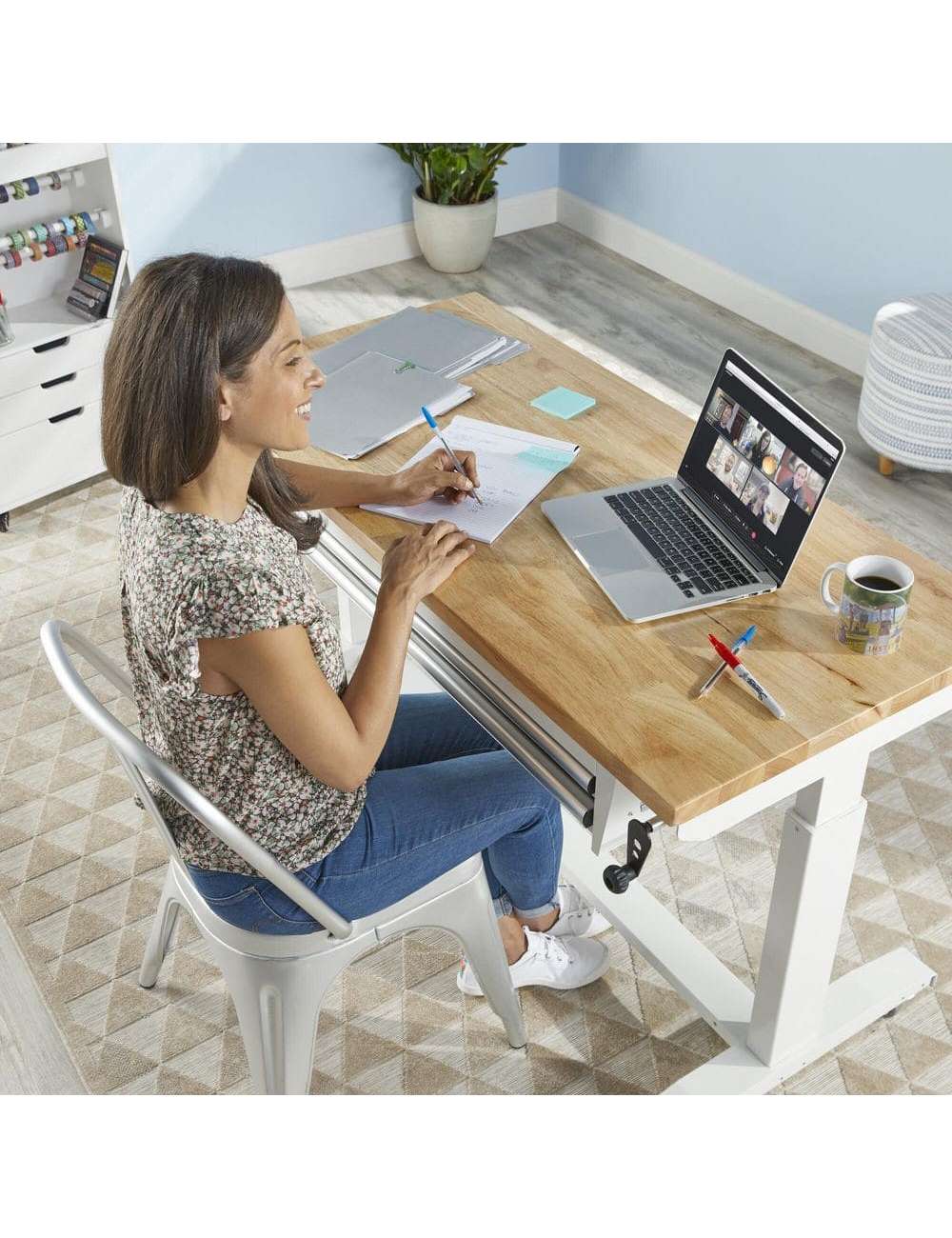 52 in. W x 24 in. D Steel 2-Drawer Adjustable Height Solid Wood Top Workbench Table in White