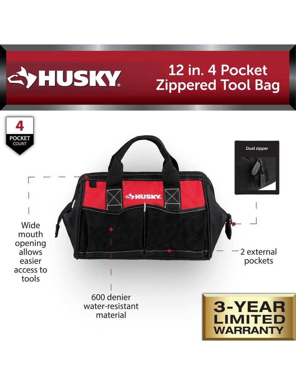 12 in 4 Pocket Zippered Tool Bag
