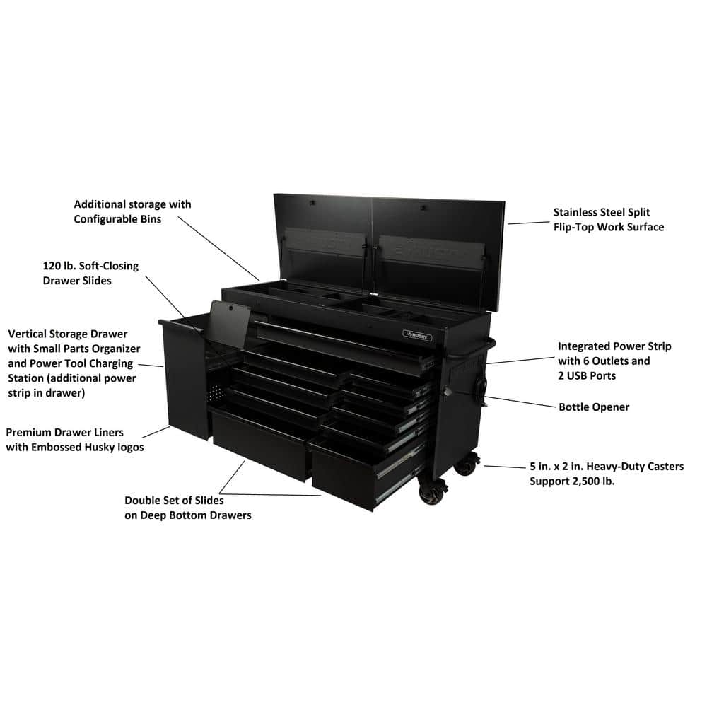 63 in. W x 23 in. D Heavy Duty 11 Drawer Mobile Workbench Cabinet with Flip Top Stainless Steel Top in. Matte Black