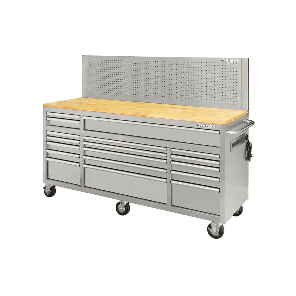 72 in. W x 24 in. D 18 Drawer Standard Duty Mobile Workbench Tool Chest with Solid Wood Top and Pegboard in. Gloss Blue