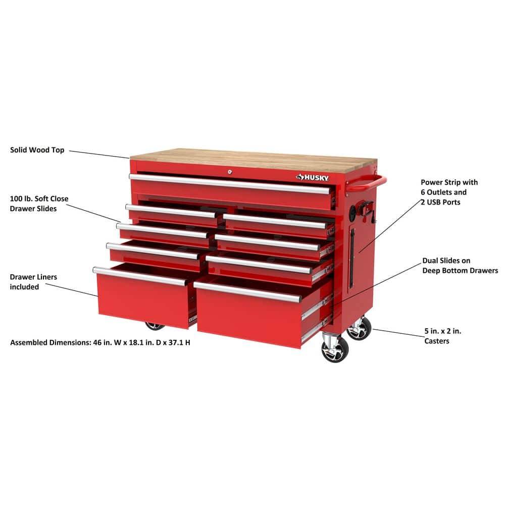 46 in. W x 18 in. D 9 Drawer Gloss Red Mobile Workbench Cabinet with Solid Wood Top