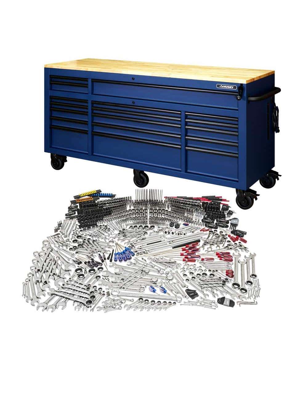 72 in. W x 24 in D Heavy Duty 18-Drawer Mobile Workbench with Mechanics Tool Set (1,025-Piece) in Matte Blue
