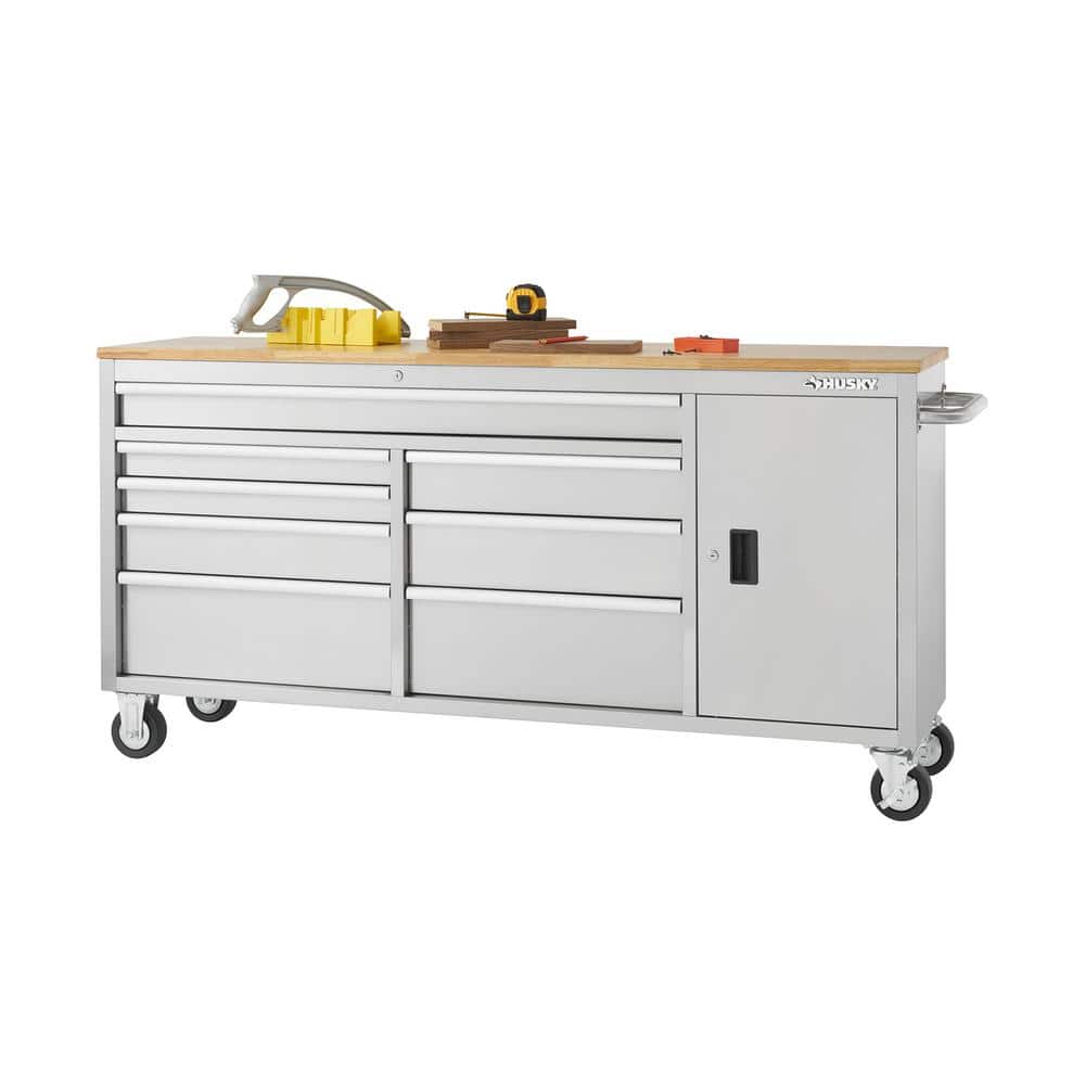 72 in. W x 18 in. D Heavy Duty 8 Drawer 1 Door Mobile Workbench Tool Chest with Solid Wood Top in. Stainless Steel