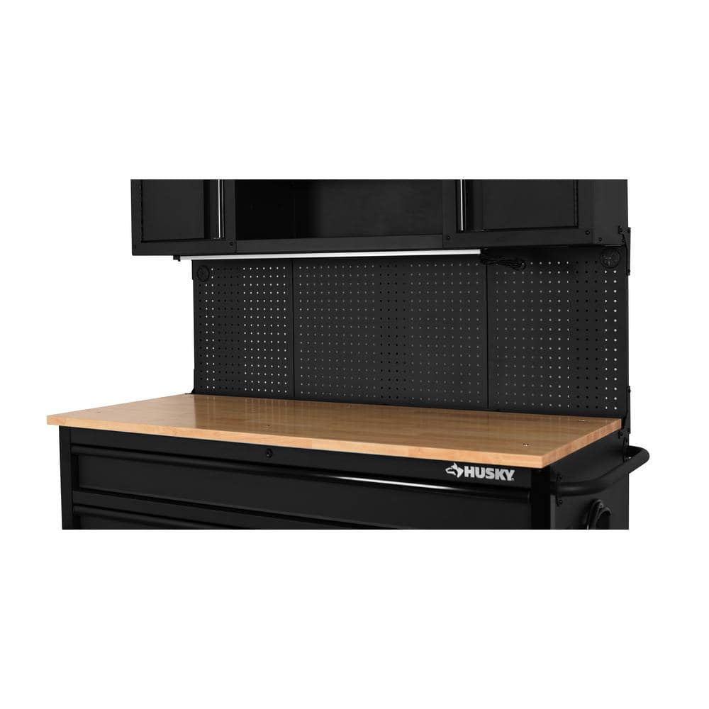 56 in. W x 27 6 in. D 10 Drawer Matte Black Heavy Duty Mobile Workbench with Pegboard and Top Cabinets