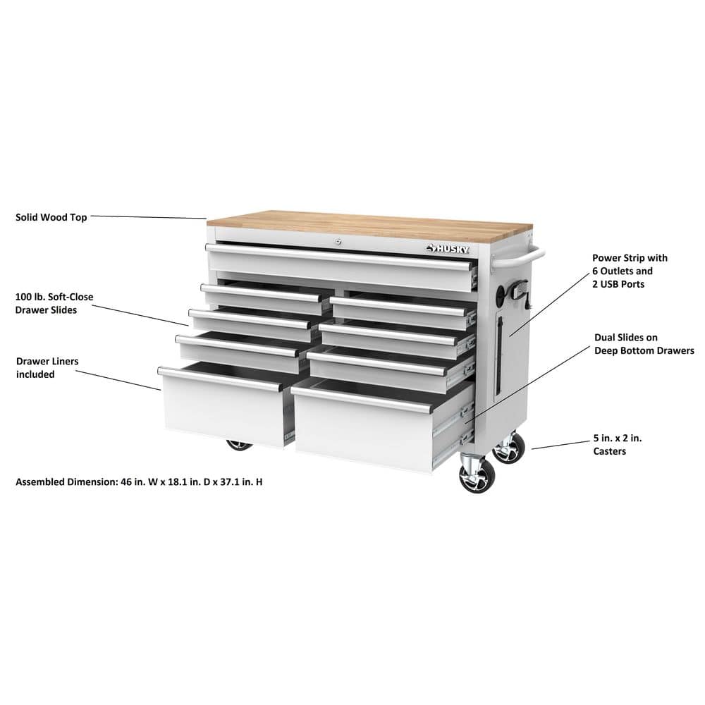46 in. W x 18 in. D 9 Drawer Gloss White Mobile Workbench Cabinet with Solid Wood Top