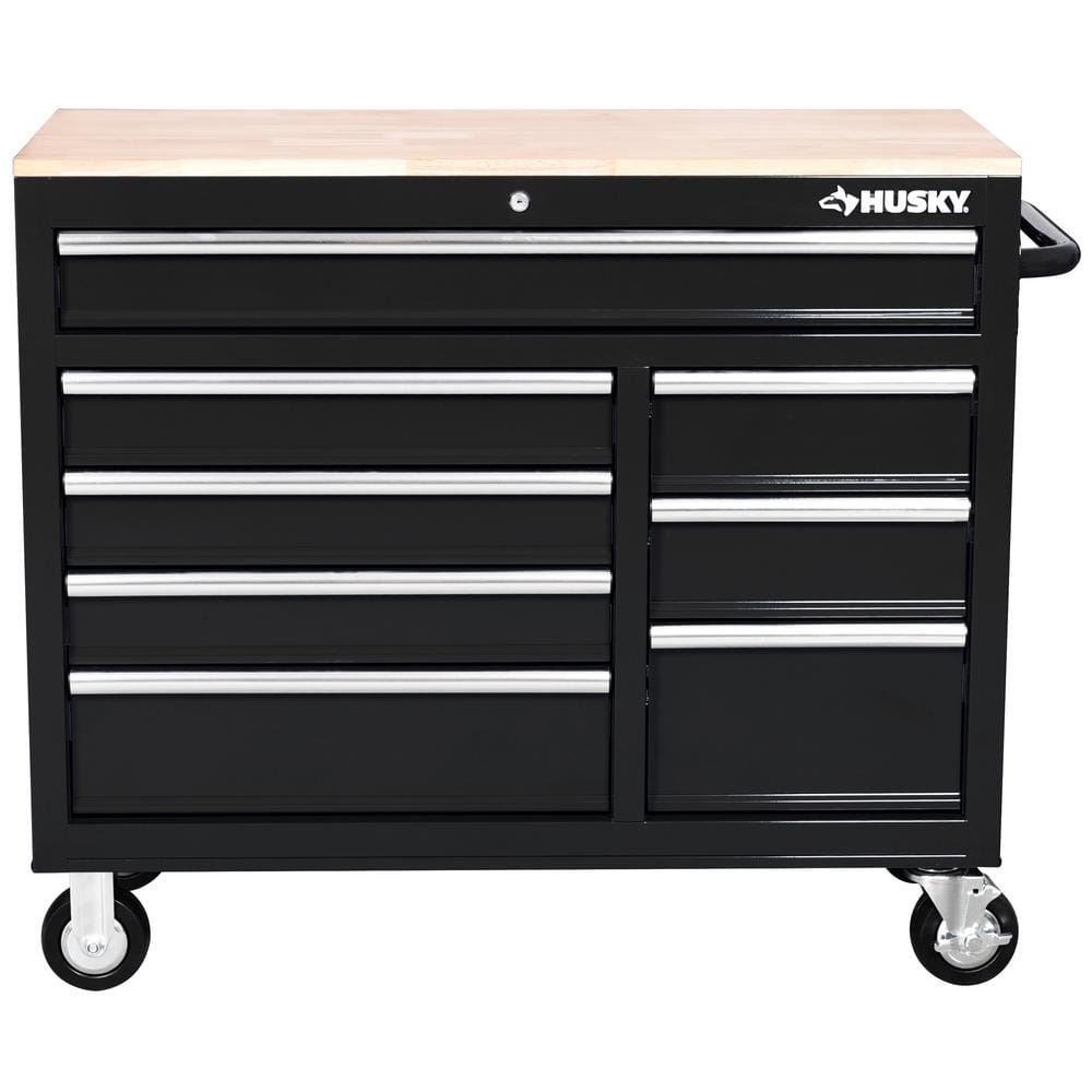 42 in. W x 18 1 in. D 8 Drawer Black Mobile Workbench Cabinet with Solid Wood Top