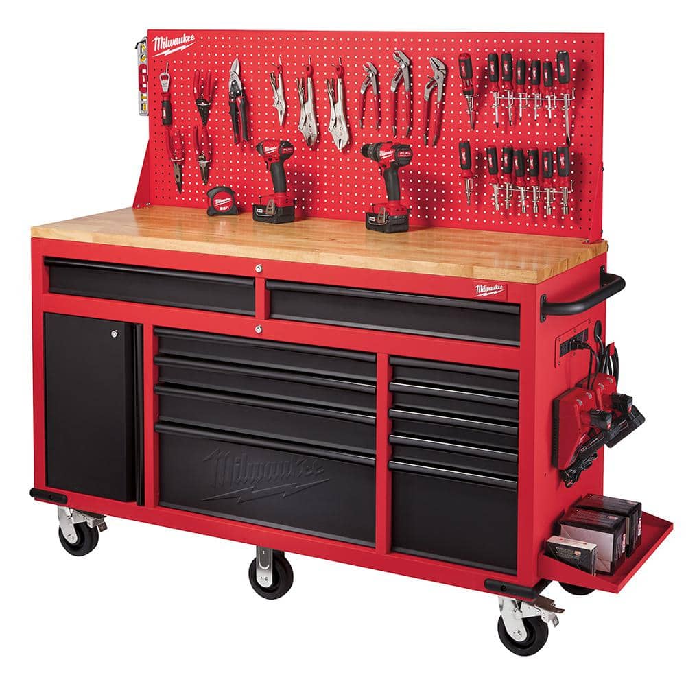 61 in. 11 Drawer 1 Door 22 in. D Mobile Workbench with Sliding Pegboard Back Wall in. Red Black