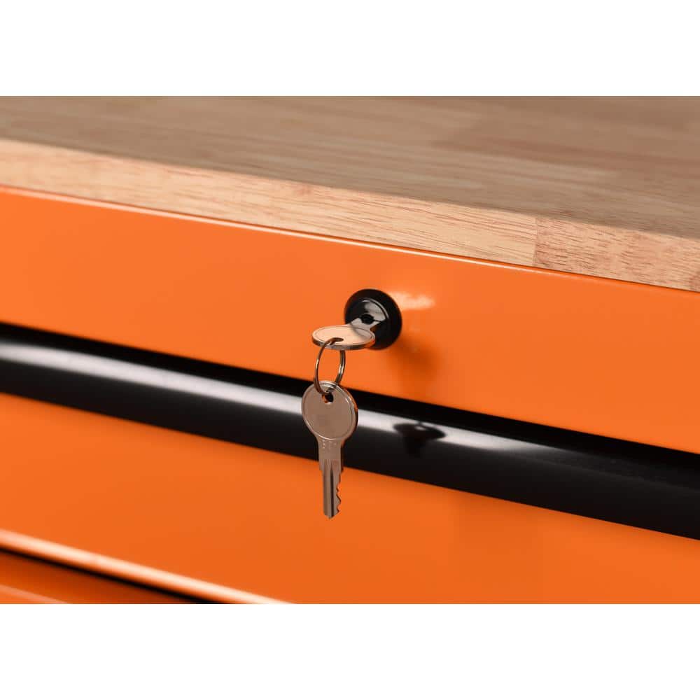 52 in. W x 24 5 in. D Standard Duty 10 Drawer Mobile Workbench Tool Chest with Solid Wood Work Top in. Gloss Orange