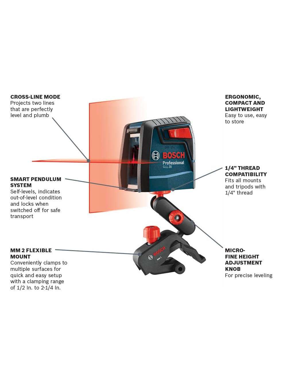 30 ft. Cross Line Laser Level Self Leveling with 360 Degree Flexible Mounting Device and Carrying Pouch