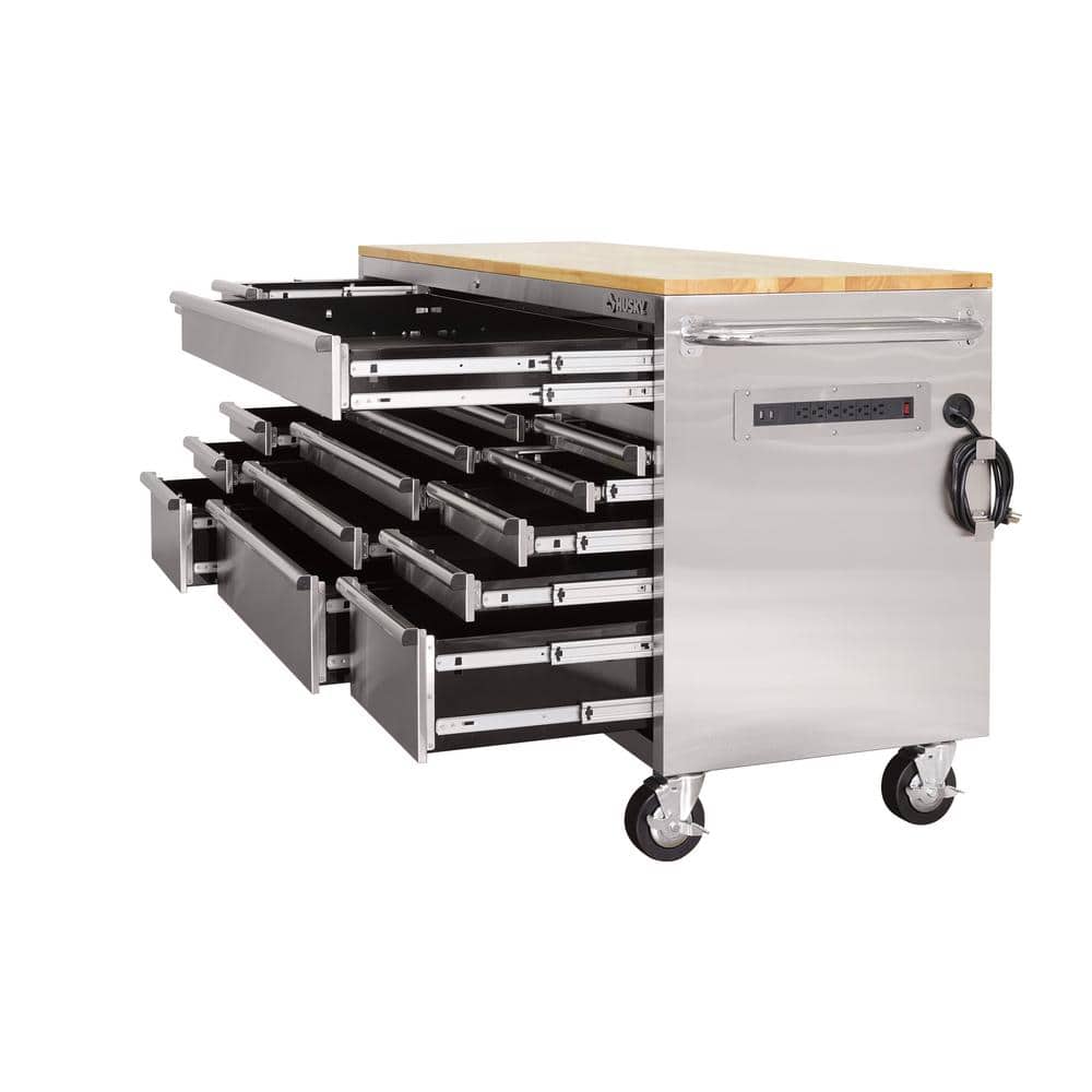 72 in. x 24 in. D Standard Duty 18 Drawer Mobile Workbench Tool Chest with Solid Wood Top in. Stainless Steel