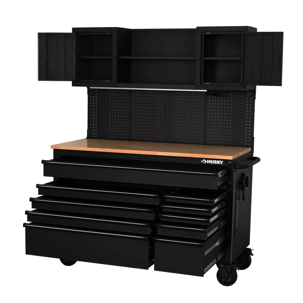 56 in. W x 27 6 in. D 10 Drawer Matte Black Heavy Duty Mobile Workbench with Pegboard and Top Cabinets