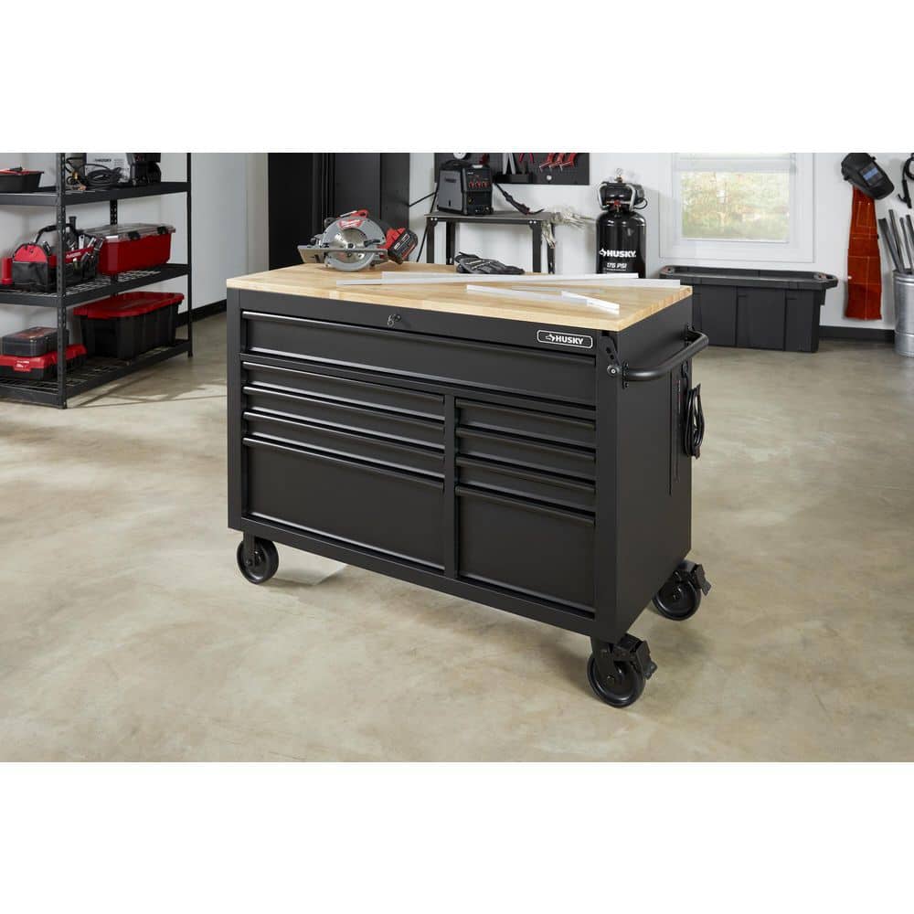 52 in. W x 25 in. D Heavy Duty 9 Drawer Mobile Workbench Cabinet with Adjustable Height Hardwood Top in. Matte Black
