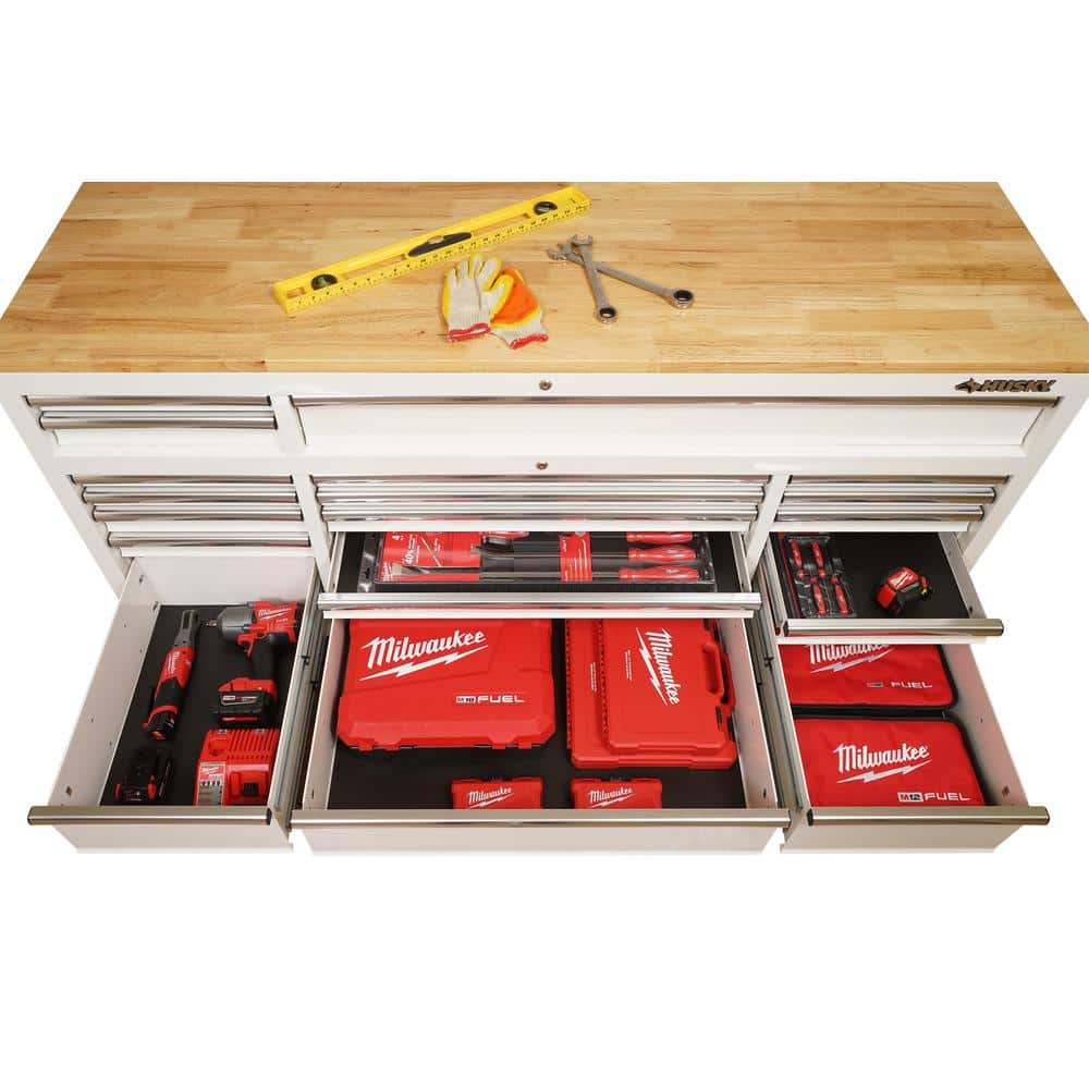 72 in. W x 24 in. D 18 Drawer Standard Duty Mobile Workbench Tool Chest with Solid Wood Top and Pegboard in. Gloss White