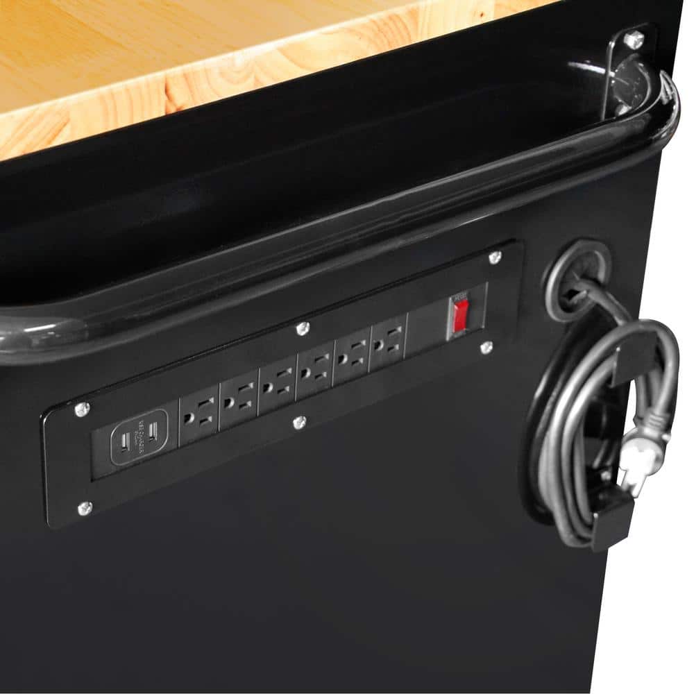 62 in. W x 24 in. D Standard Duty 14 Drawer Mobile Workbench Tool Chest with Solid Wood Top and Pegboard in. Gloss Black