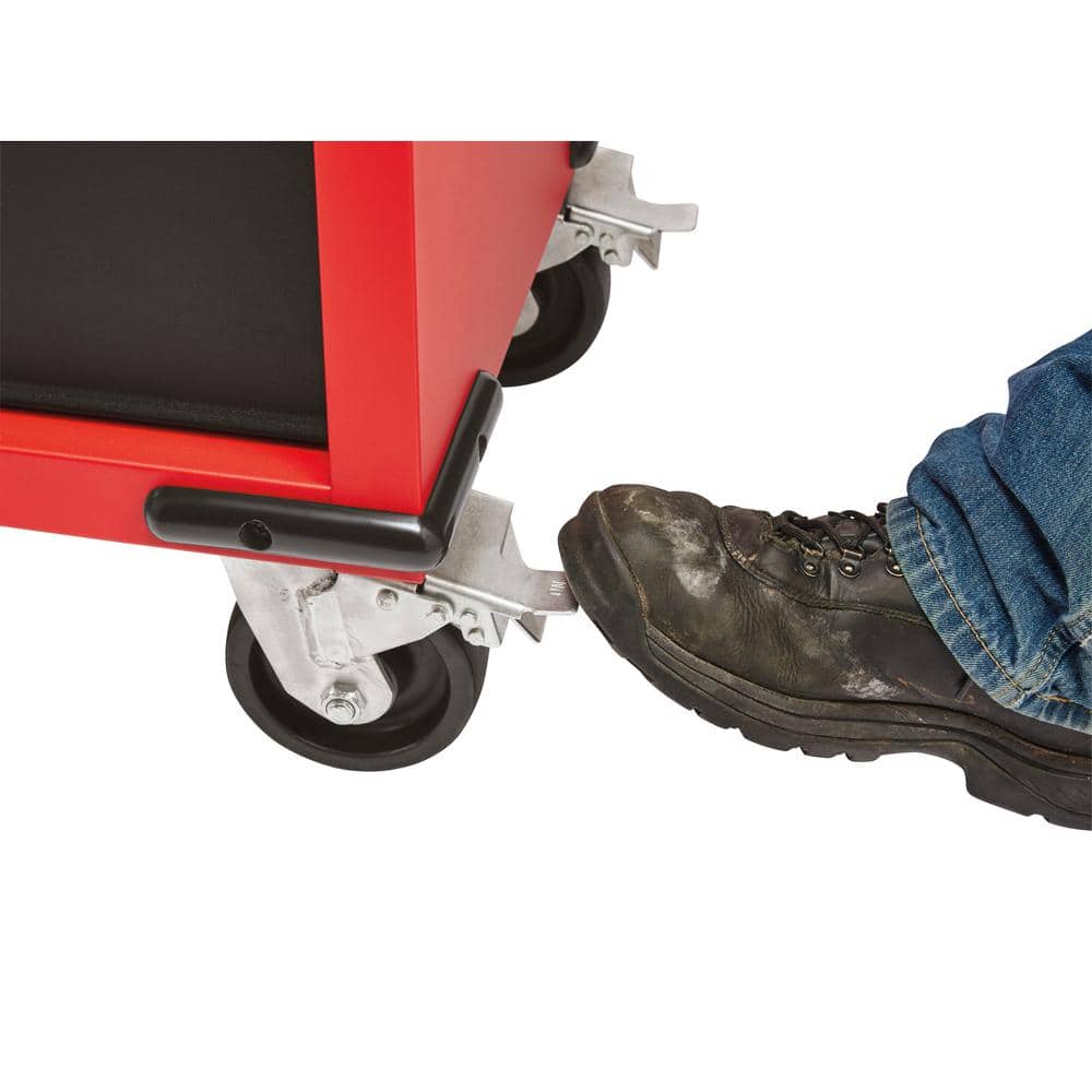 61 in. 11 Drawer 1 Door 22 in. D Mobile Workbench with Sliding Pegboard Back Wall in. Red Black