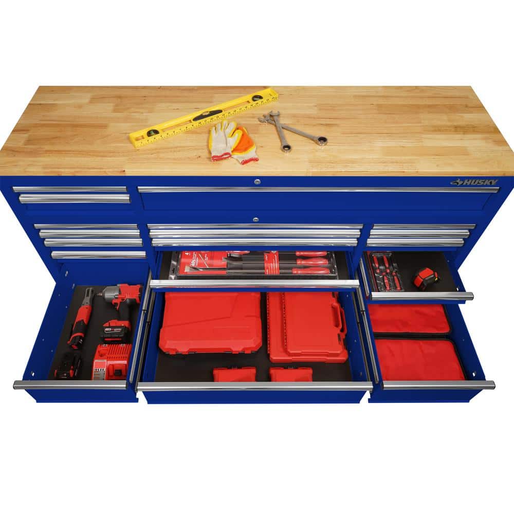 72 in. W x 24 in. D 18 Drawer Standard Duty Mobile Workbench Tool Chest with Solid Wood Top and Pegboard in. Gloss Blue